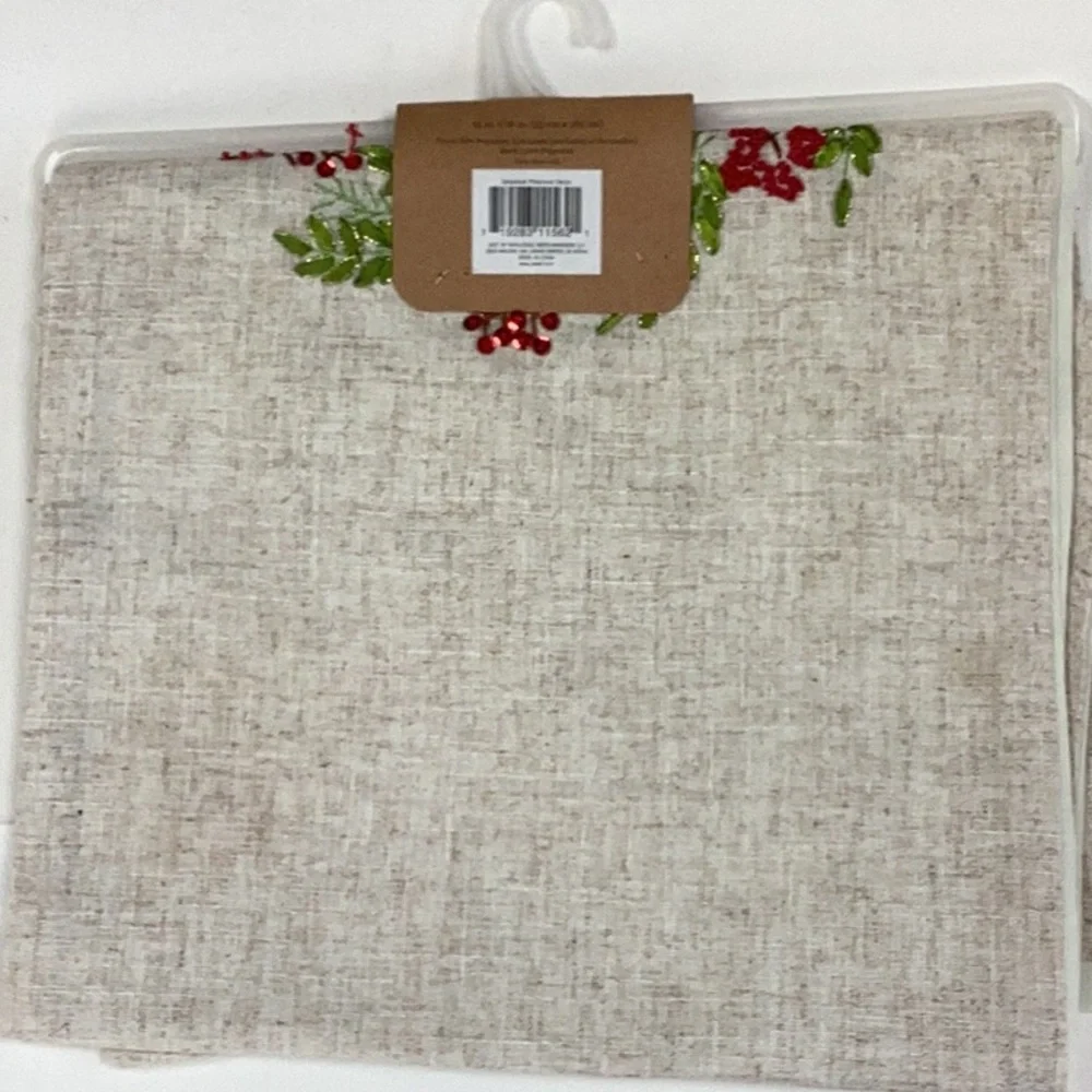 Winter Holiday Christmas Pine Cone Sequin Berry Embroidered Linen Table Runner - Picture 8 of 9